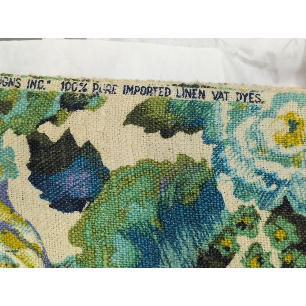 5th Avenue Designs Floral Linen 3 Yds Vintage Fabric VAT Green Blue Gold